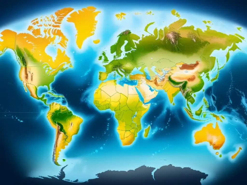 Mapa mundial minimalista destacando países con plantas de desalinización avanzadas, simbolizando adopción global desalinización países