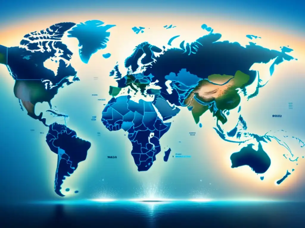 Mapa mundial minimalista resaltando países en azul por adopción global desalinización