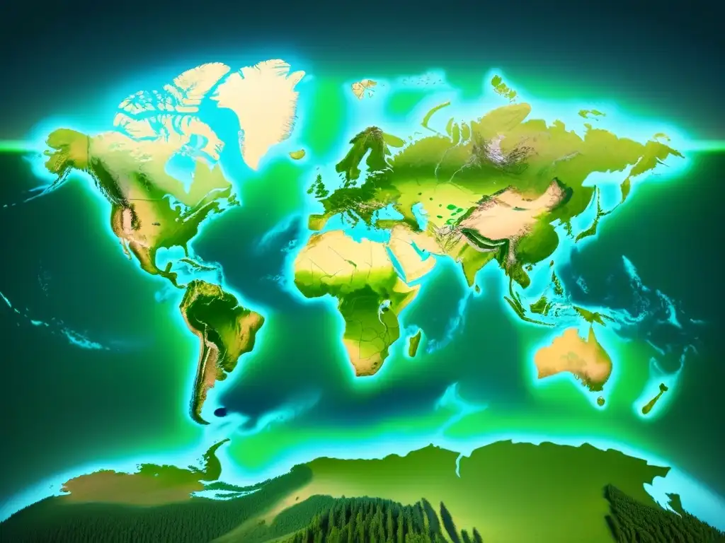 Mapa mundial detallado en 8k: adopción de energía geotérmica en industrias Mapa mundial minimalista en tonos verdes, ilustrando la adopción de energía geotérmica en industrias globales
