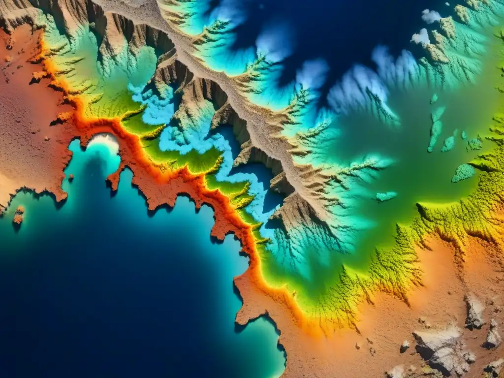 Mapa satelital detallado de formaciones geológicas en colores vibrantes, con análisis geoespaciales para exploración recursos eficiente