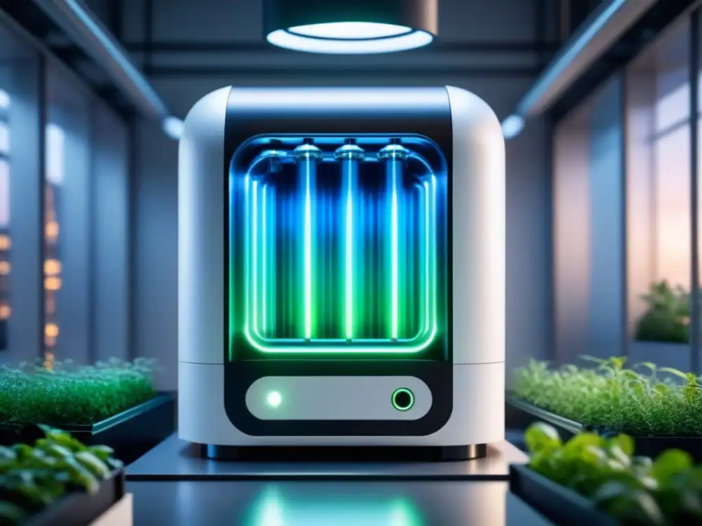 Una máquina de captura de carbono de alta tecnología en un laboratorio blanco y verde, mostrando innovación y sostenibilidad