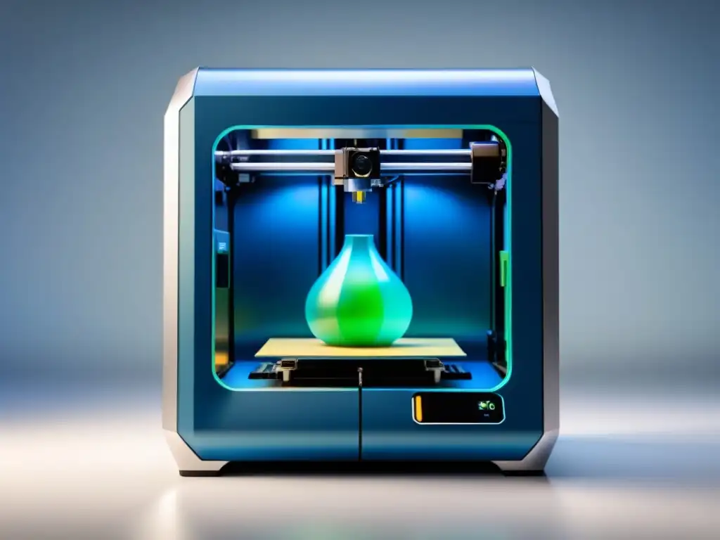 Maquina de impresión 3D creando embalajes personalizados sostenibles en azules y verdes, innovación y tecnología