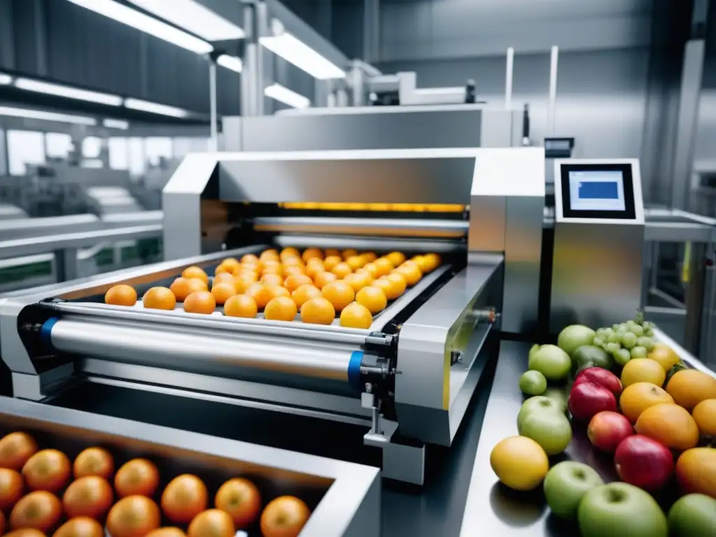 Una máquina de empaquetado inteligente para alimentos frescos rodeada de frutas y verduras frescas, destacando tecnología de vanguardia y eficiencia