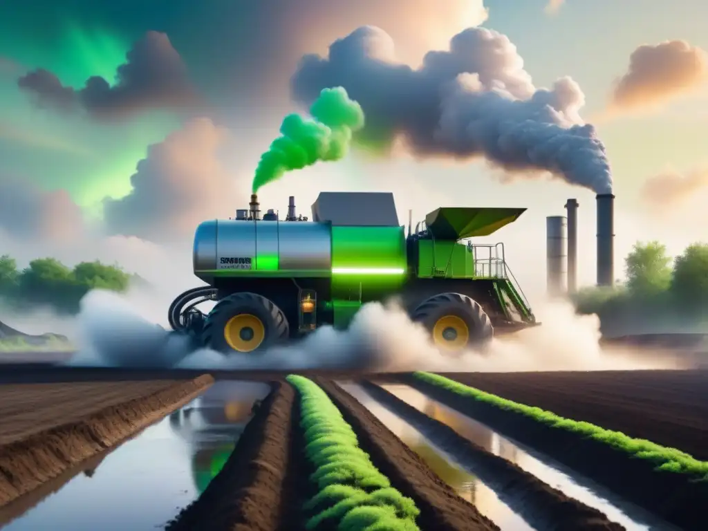 Remediación de Suelos: Futuro Tecnológico Verde Un máquina futurista de tratamiento de suelos contaminados en acción, rodeada de vapor y brillo verde, transformando un paisaje árido en un ecosistema próspero