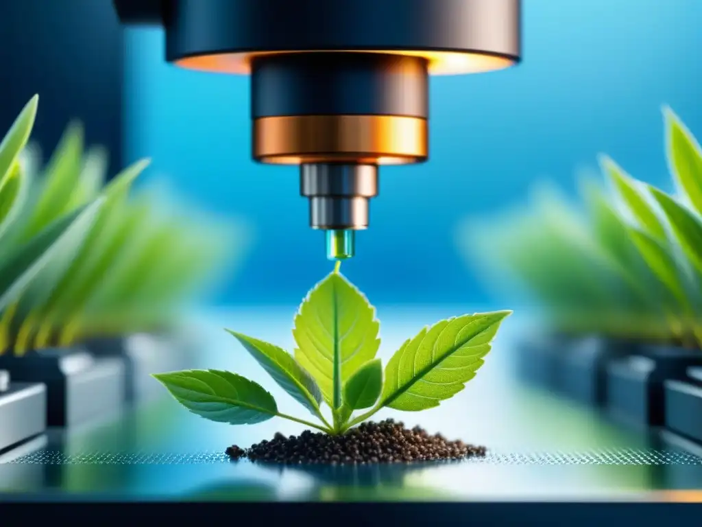 Una máquina industrial minimalista recubierta con nanorecubrimiento, reflejando hojas verdes y cielo azul