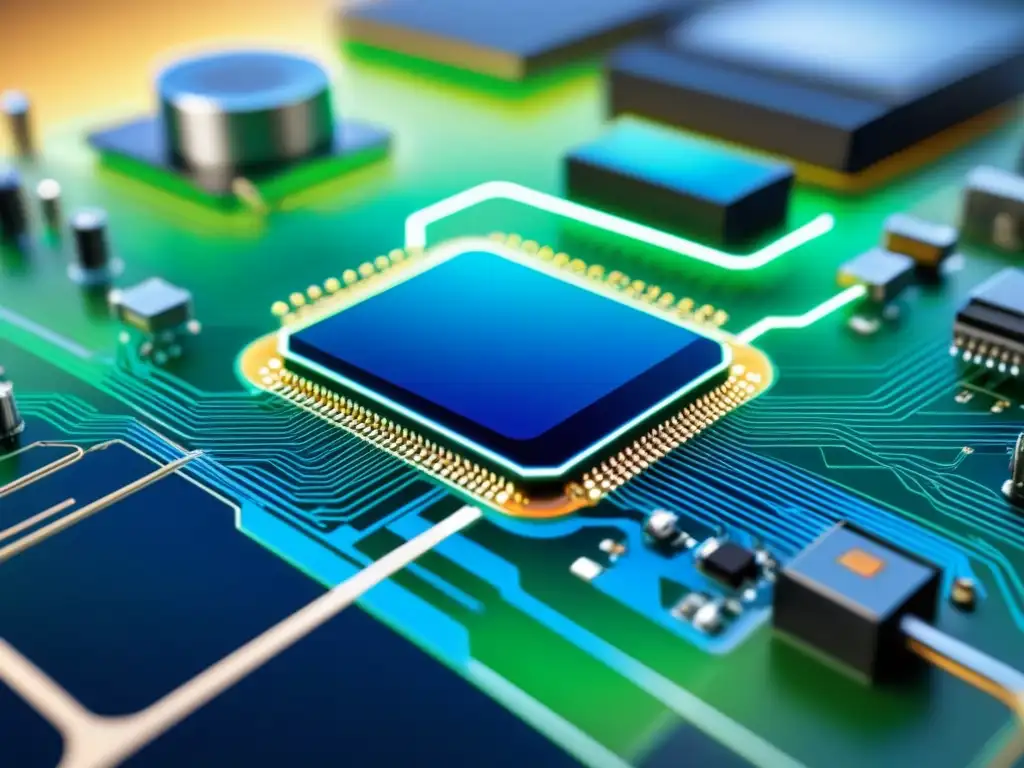 Maravilloso diseño en azul y verde de circuitos impresos en IoT, resaltando la complejidad electrónica