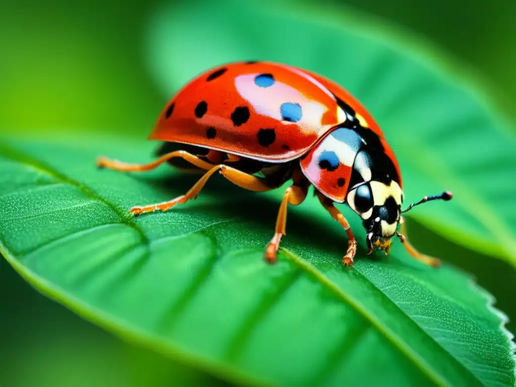 Una mariquita en una hoja verde brillante, detalle de su caparazón rojo y negro