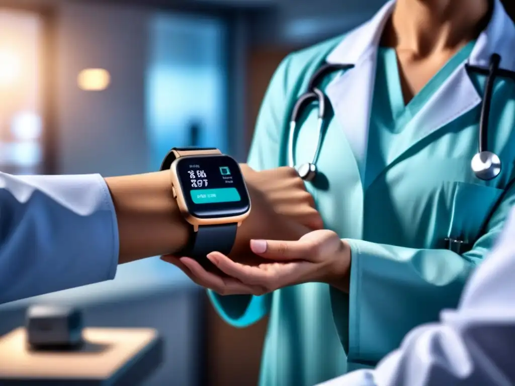 Doctor con smartwatch en consulta médica futurista Un médico con un reloj inteligente examina a un paciente en una clínica moderna, mostrando la revolución de dispositivos portátiles diagnóstico