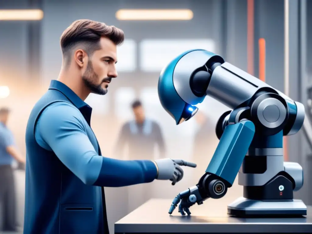 Mejora ergonomía laboral con cobots: humano y cobot colaboran en un entorno industrial moderno