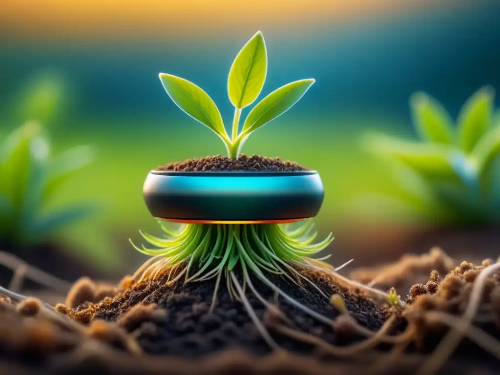 Nanobot mejora raíz de planta en fusión de tecnología y naturaleza, nanotecnología en la agricultura sostenible
