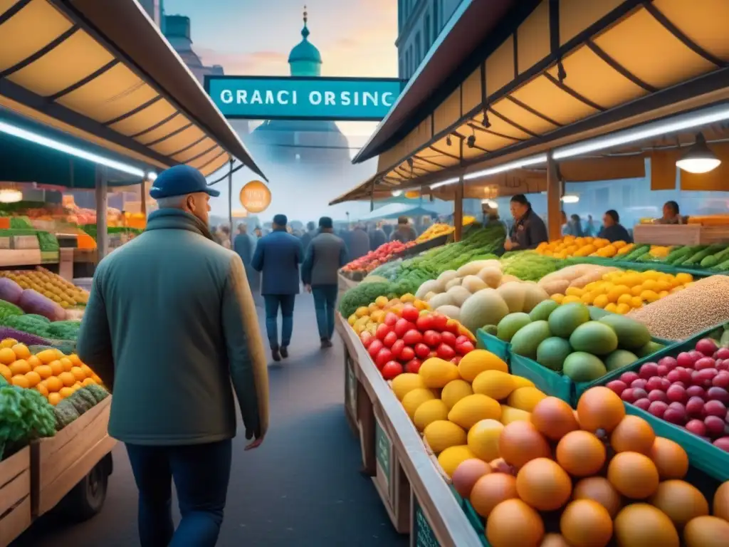 Un mercado alimentario bullicioso y vibrante con frutas, verduras y granos coloridos, clientes diversos y vendedores entusiastas