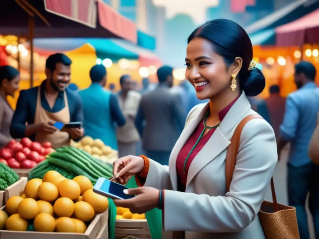 Un mercado bullicioso en una economía emergente, donde personas de diferentes orígenes usan plataformas digitales para transacciones