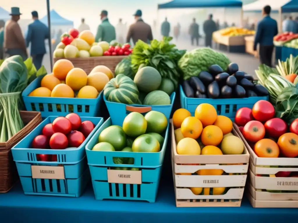 Un mercado agrícola vibrante con frutas y verduras frescas, bajo un cielo azul