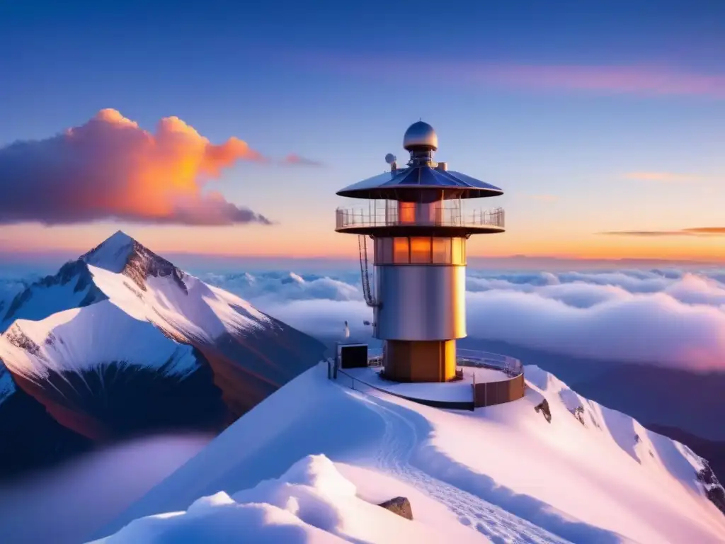 Estación meteorológica de alta tecnología en la cima nevada de una montaña al atardecer