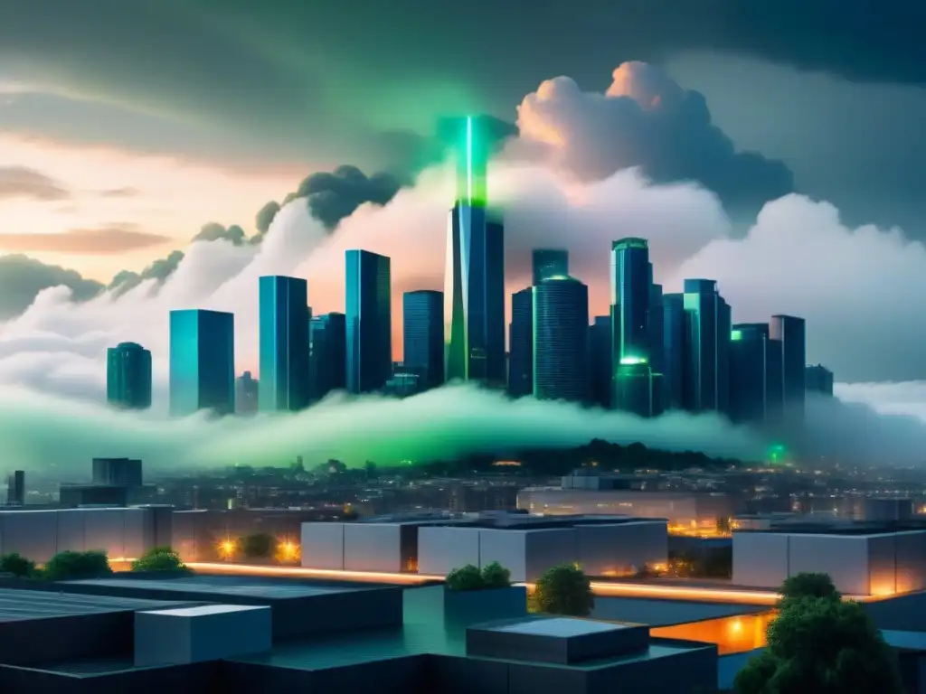 Una metrópolis futurista emitiendo energía verde, contrastando con nubes contaminadas disipándose lentamente