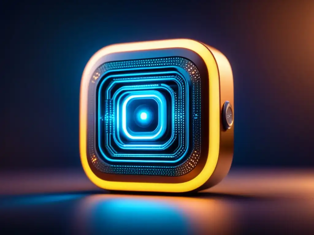 Microdispositivo futurista: tecnología avanzada en detalle Un microdispositivo futurista iluminado en un fondo oscuro, redefine la experiencia del usuario con su diseño innovador y minimalista
