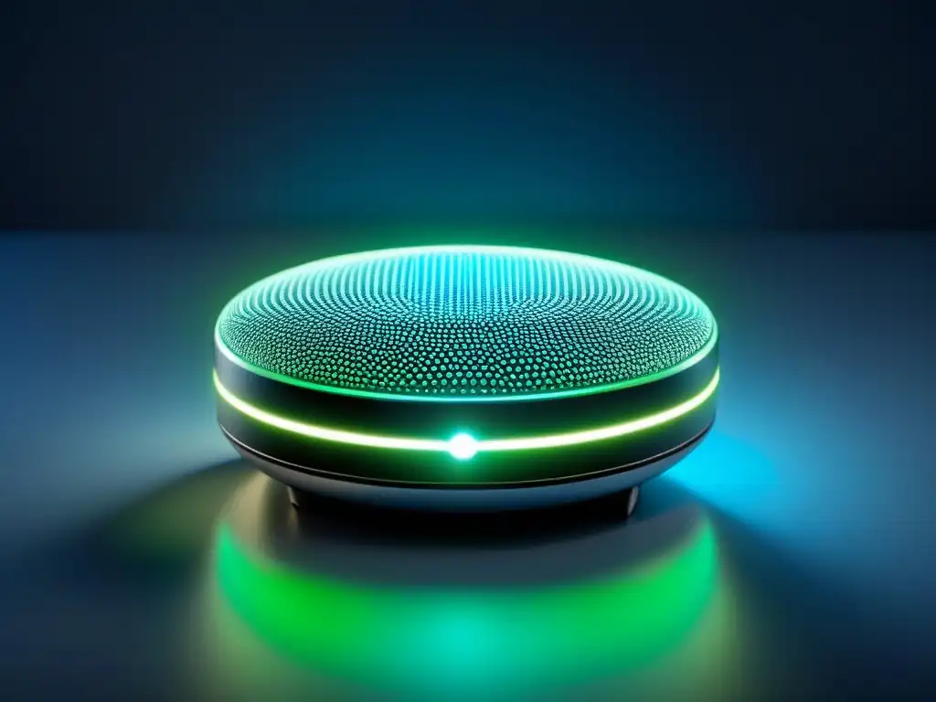 Dispositivo microfuturista: tecnología innovadora en diseño minimalista Un microdispositivo futurista con patrones de circuitos brillantes en tonos azules y verdes sobre una superficie negra mate