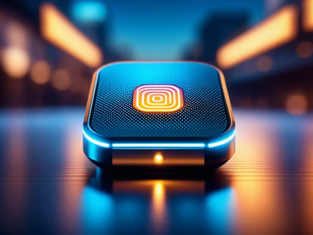 Microdispositivo futurista: diseño detallado en 8k Un microdispositivo futurista con patrones de circuitos intrincados y acentos brillantes, en una superficie reflectante iluminada suavemente