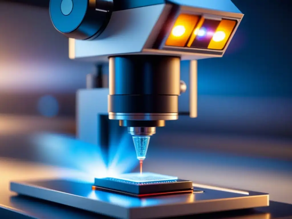 Nanofotónica: Detalles ópticos a nivel nanoestructural Microscopio moderno enfocando material fotónico nanoestructurado, iluminado por luz
