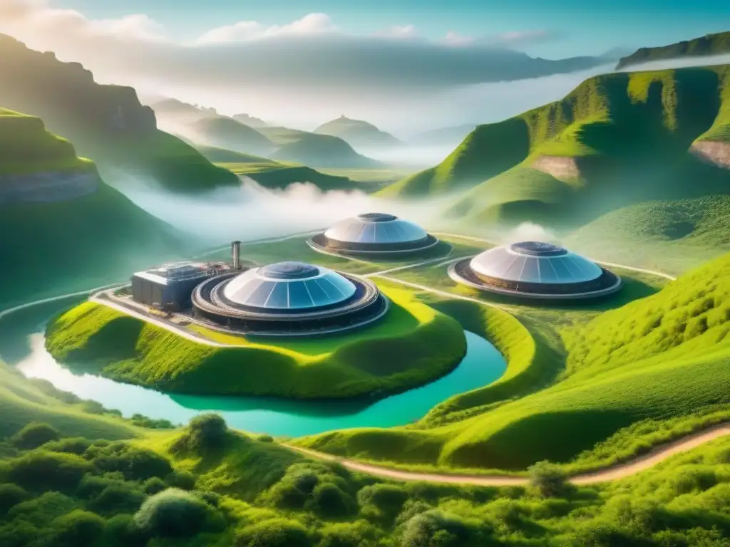 Una mina del futuro en un entorno verde, con maquinaria avanzada y trabajadores ecofriendly, fusionando tecnología y sostenibilidad en la extracción minera sostenible alternativas