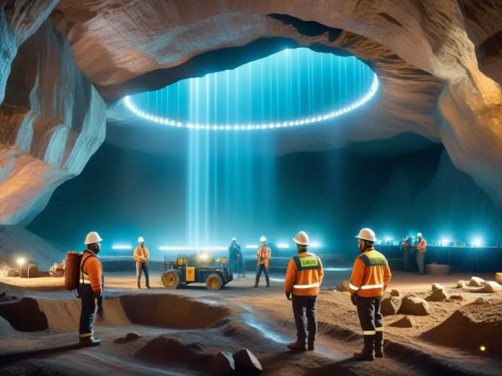 Operación minera futurista con tecnología avanzada y prácticas sostenibles en armonía con la naturaleza