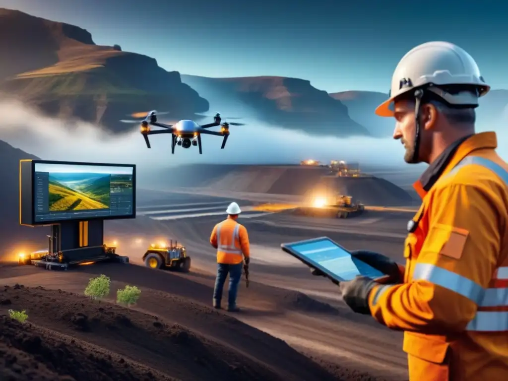 Minería sostenible: tecnología avanzada y paisajes integrados Operación minera moderna y sostenible con tecnología avanzada integrada en el paisaje natural