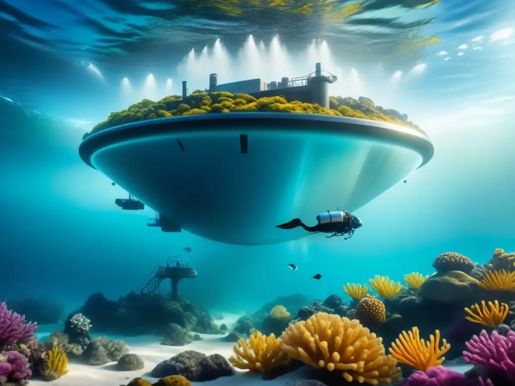 Instalación minera submarina futurista en armonía con el océano, rodeada de vida marina diversa