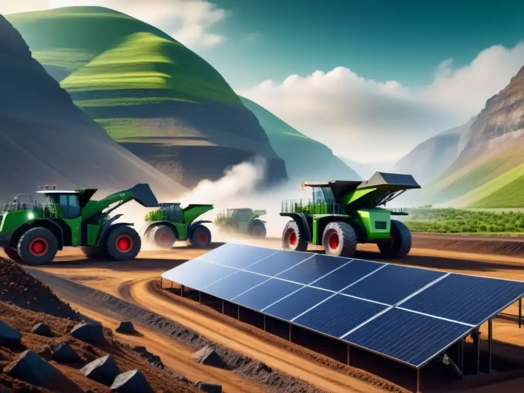 Minería verde: innovación y sostenibilidad en acción Minería sostenible con herramientas innovadoras en un escenario futurista y ecoamigable