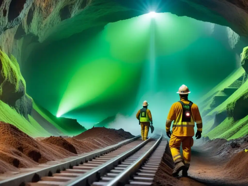 Minería sostenible en la tierra con maquinaria avanzada y trabajadores en trajes ecológicos, reducir huella carbono