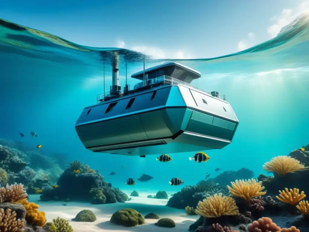 Minería submarina sostenible en armonía con la naturaleza: robots extrayendo minerales junto a corales y vida marina