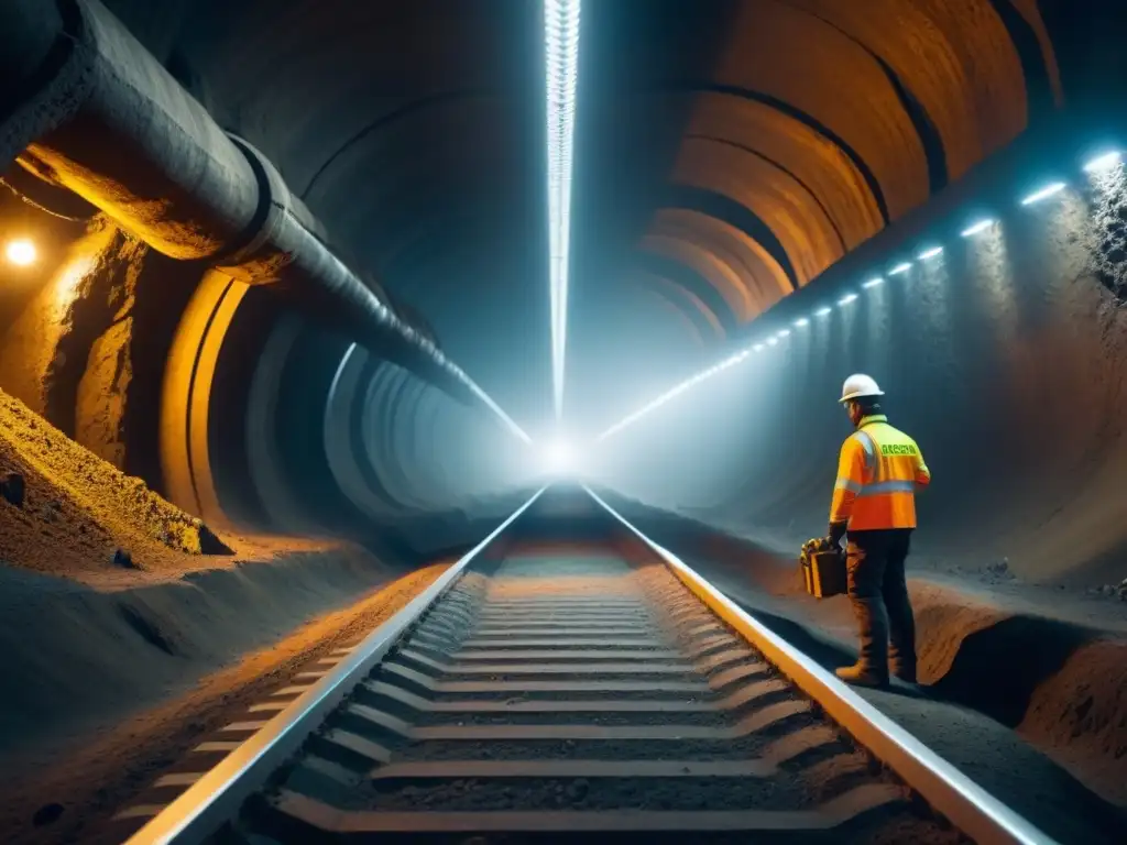 Minería subterránea sostenible: túnel futurista con tecnologías avanzadas iluminadas por luces LED energéticamente eficientes