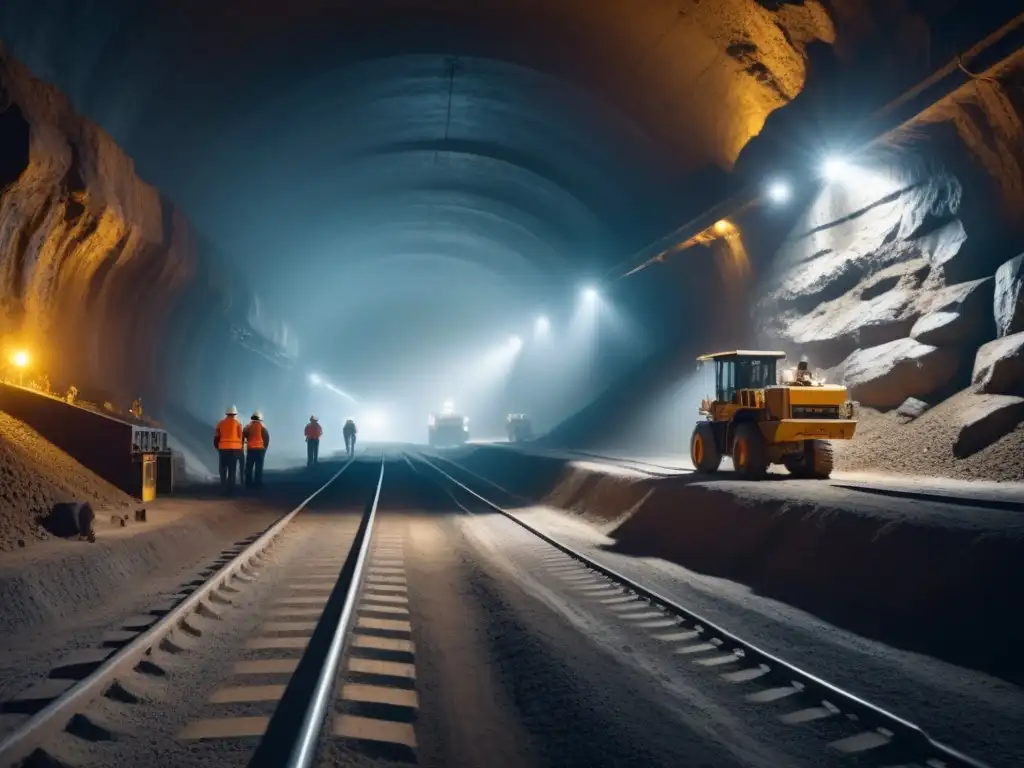 Implementación de iluminación LED en minería: túnel minero subterráneo iluminado por luces LED, resaltando maquinaria y textura de las rocas