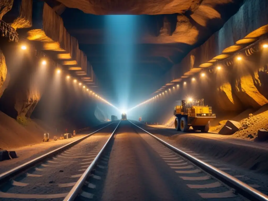 Mineros trabajando en una mina subterránea iluminada por luces LED