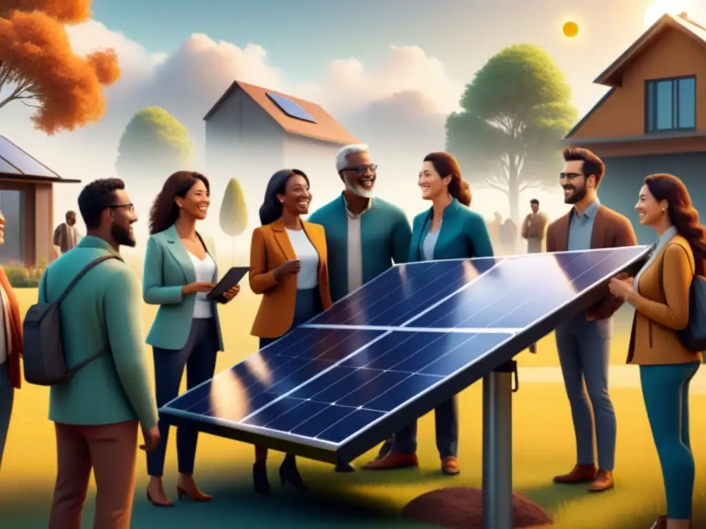 Una ilustración minimalista de alta calidad que muestra a personas diversas reunidas alrededor de una instalación de paneles solares en comunidad