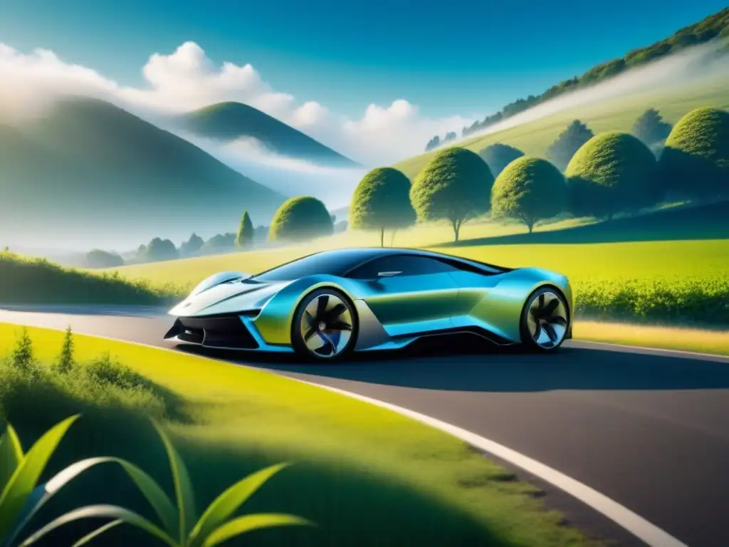 'Ilustración minimalista de un auto futurista integrado en un paisaje verde, simbolizando innovaciones biocombustibles vehículos sostenibles