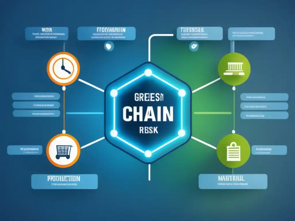 Ilustración minimalista de una cadena de suministro digital con estrategias de gestión de riesgos, nodos interconectados y factores de riesgo clave