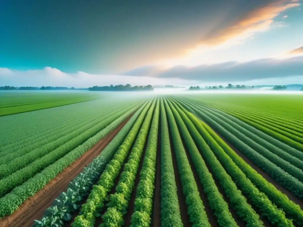 Ilustración minimalista de campo verde con cultivos alineados, tecnología avanzada y armonía con la naturaleza