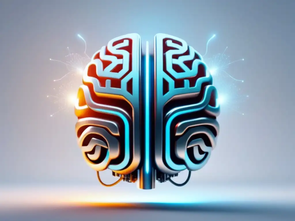 Brain AI futurista: ilustración detallada y minimalista Ilustración minimalista de un cerebro AI futurista, con circuitos y nodos brillantes en un fondo blanco