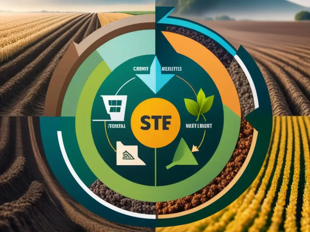 Ilustración minimalista del ciclo de reciclaje de nutrientes en agricultura sostenible, con colores tierra y diseño moderno