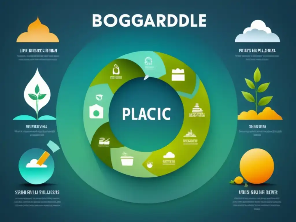 Ciclo de vida de plásticos biodegradables: diseño moderno y educativo Ilustración minimalista del ciclo de vida de los plásticos biodegradables, destacando etapas clave y beneficios