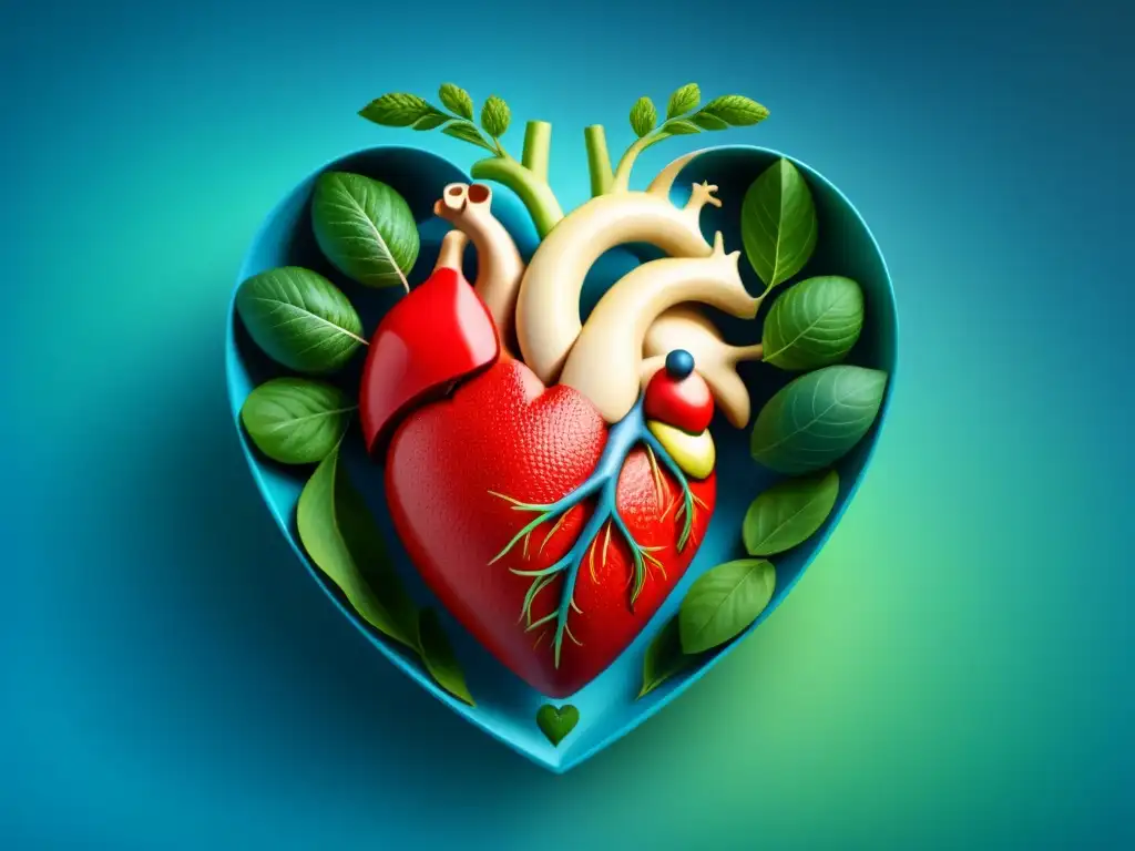 Ilustración minimalista de un corazón hecho con ácidos grasos omega 3 y fibras dietéticas, en tonos azules y verdes