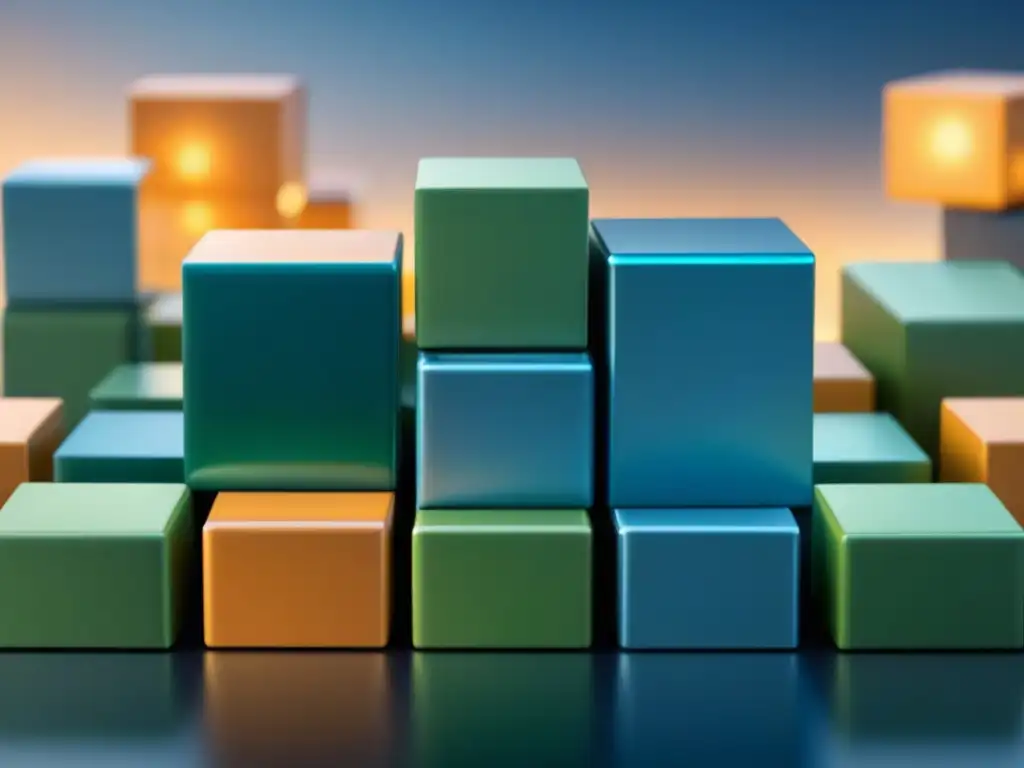 Blockchain: Flujo global de suministro Una representación minimalista detallada de la cadena de suministro global, con bloques interconectados en diseño moderno, simbolizando diferentes etapas como manufactura, transporte, aduanas y entrega