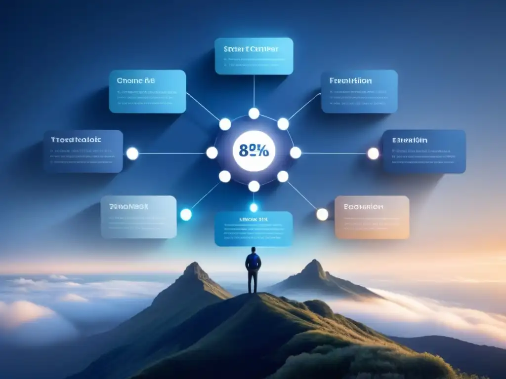 Una representación minimalista y detallada de un diagrama de flujo digital con IA para análisis de clientes en tonos de azul y plata modernos