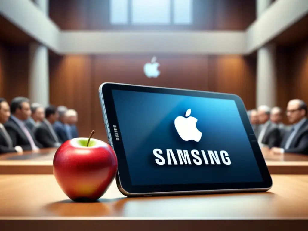 Ilustración minimalista detallada del litigio en propiedad intelectual innovadores entre Apple y Samsung en una sala de tribunal tecnológica