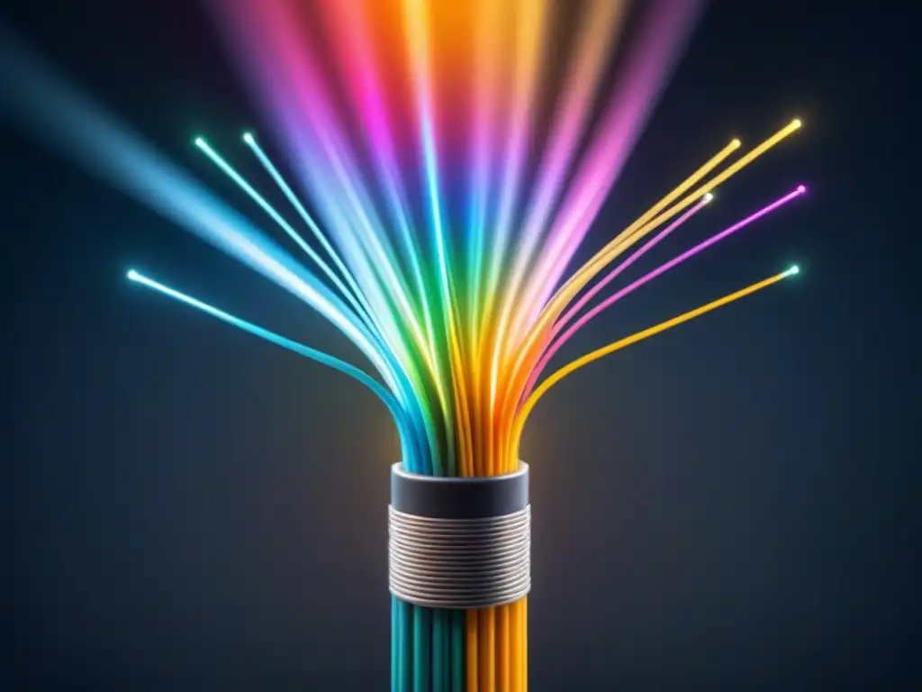 Una representación minimalista y elegante de un cable de fibra óptica entrelazado con líneas brillantes que simbolizan la transmisión de datos, en un fondo oscuro para ilustrar la revolución y transformación en la comunicación empresarial moderna gracias a la tecnología de fibra óptica, resalt