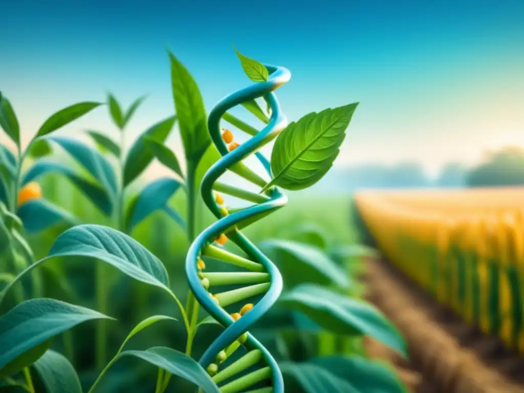 Ilustración minimalista de ADN entrelazado con cultivos, fusionando ingeniería genética y agricultura sostenible en un ambiente científico y natural
