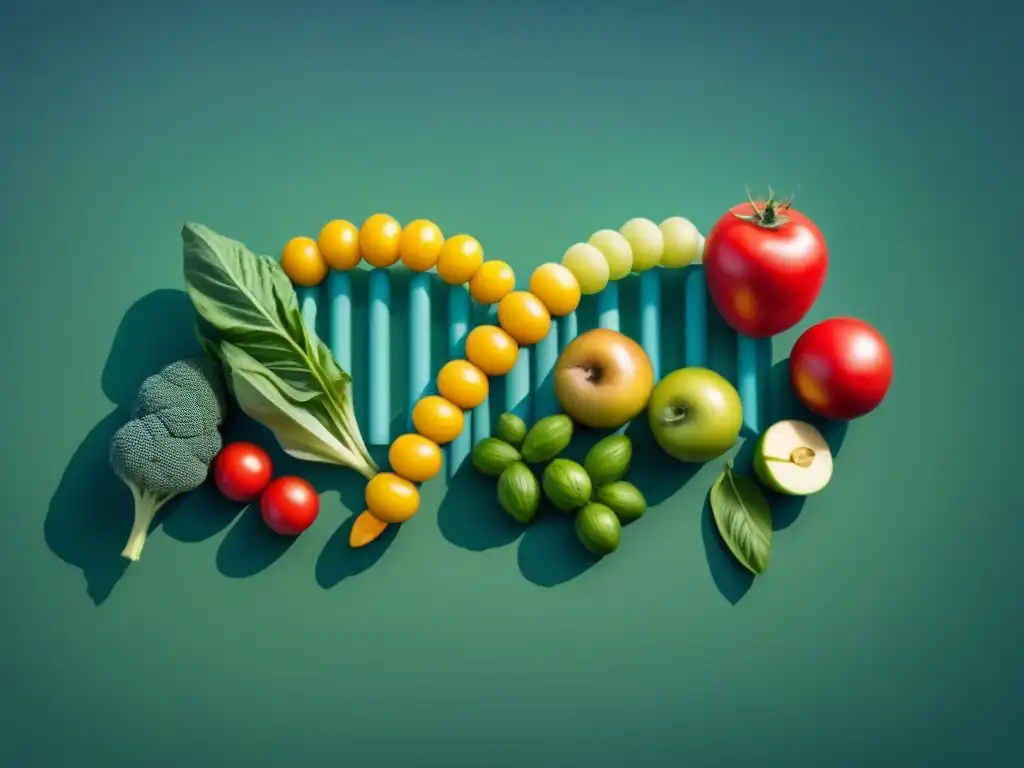 CRISPR: Innovación en alimentos con ADN y frutas Ilustración minimalista de ADN entrelazado con frutas y verduras, simbolizando a CRISPR como solución a escasez