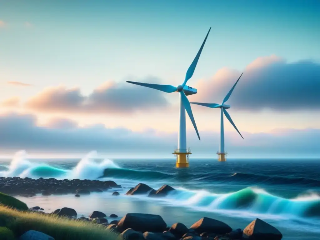 Turbina de energía mareomotriz en armonía con el océano Ilustración minimalista de una escena serena en el océano al atardecer con una moderna turbina de energía mareomotriz integrada en armonía, simbolizando la transición energética global