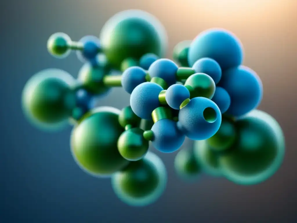 Ilustración minimalista de una estructura molecular en tonos azules y verdes, transmitiendo precisión y avance científico