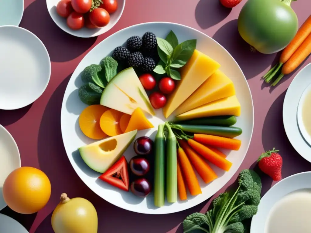 Composición minimalista de frutas y verduras coloridas cortadas, destacando la importancia de vitaminas en alimentos